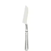 Cheese knife, silver-toned metal, curved blade with ribbed cylindrical handle and polished collar, studio product shot.