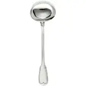 Silver ladle with rounded bowl and heart-shaped handle, polished stainless steel, formal dining serving utensil, white background.