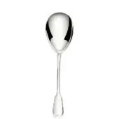 Silver serving spoon with oval bowl, slender handle, and heart-shaped detail, displayed on a white background with diffused lighting.