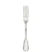 Silver serving fork with four tines, curved handle, and heart-shaped end, polished stainless steel, centered on white background.