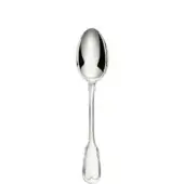 Silver serving spoon, polished oval bowl, curved handle with heart-shaped end, reflective surface, classic elegant utensil design.