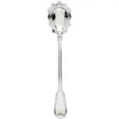 Silver spaghetti serving spoon, perforated bowl, scalloped edge, long handle with heart-shaped end, polished reflective finish, studio shot.
