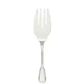 Silver serving fork, polished metal, three-pronged head with curved tines and heart-shaped handle detail, centered on white background.
