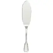 Silver fish serving knife with curved blade, scalloped edge, and elongated handle tapering to a heart-shaped end, studio shot.