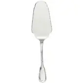 Stainless steel cake server with curved blade, scalloped edge, and heart-shaped handle, polished finish on white background.