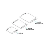 Venaria tray set, white ceramic, includes large rectangle, medium rectangle, and square trays with polished silver metal handles.