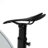 Ciclotte bike seat, black gel with contoured surface, mounted on cylindrical black steel post secured with bolt and height-adjustment clamp.