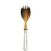 Serving fork with polished horn bowl and silver metal handle, featuring curved detailing and a rectangular joining plate.