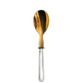 Serving spoon with natural horn bowl featuring brown, amber, and gold swirls, and a silver-toned fluted handle.