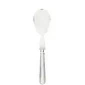 Serving spoon with clear plexiglass bowl and silver-toned handle, featuring oval shape and ridged, heart-finial design.
