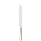 Bread knife, silver-toned stainless steel, serrated blade with ridged handle and rounded bolster.