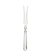 Silver carving fork with fluted handle, three pointed tines, heart-shaped base, polished reflective finish, formal dining utensil.