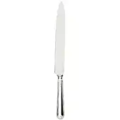 Carving knife with polished steel blade, silver-toned metal handle featuring vertical ridges, and “Zwilling” inscription on white background.