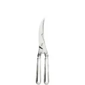 Poultry sheers with polished silver handles and stainless steel blades, featuring a serrated edge and ridged texture.