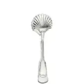 Silver bread tongs with polished finish, fan-patterned head, curved handle, and heart-shaped cutout against a white backdrop.