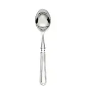 Silver ice cream spoon with rounded bowl, ribbed handle, and heart-shaped end, displayed on a white background in studio lighting.