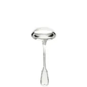 Silver sauce ladle with polished rounded bowl and curved handle featuring heart-shaped end, studio shot on white background.