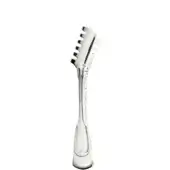 Stainless steel spaghetti tongs with scalloped grips and curved handles, presented on a white background in bright, even lighting.