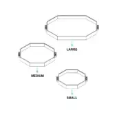 Hexagonal trays, gray metal, descending size arrangement with cylindrical knobs; labeled large, medium, small on white background.