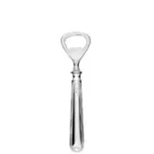 Silver bottle opener with teardrop handle, vertical ribbing, and polished metal finish against a white backdrop.