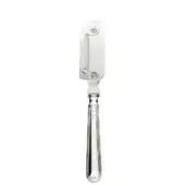 Silver lemon peeler with flat rectangular blade, central slot, and elongated handle, studio shot on white background.