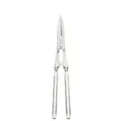 Silver lobster tongs with pointed blades and serrated grips against a white backdrop, featuring a polished metal finish.