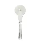 Stainless steel pizza cutter with circular blade, curved arm, and fluted handle; polished metal surface with embossed Fissler branding.