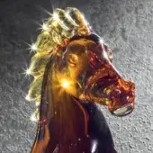 Glass horse sculpture, amber color, flowing mane and tail, detailed head, glossy finish, displayed against a textured gray backdrop.