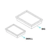 Bed tray set, matte white plastic, rectangular nesting trays labeled “BIG” and “SMALL” with directional arrows, studio product shot.