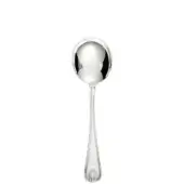 Silver soup spoon with rounded bowl and palm frond handle, polished metal surface, embossed detailing, studio product shot.