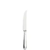 Silver steak knife with pointed, serrated blade and floral handle, featuring “SOLA” etching and polished metallic finish.