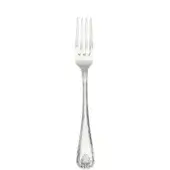 Silver table fork with four tines, slender handle, vertical ridging, and stylized leaf detail against a white backdrop.
