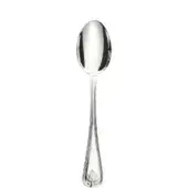 Silver spoon with oval bowl and tapered handle, detailed leaf motif, polished reflective surface, studio product shot on white background.