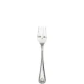 Silver fish fork with four tines, slender handle, floral motif, and scalloped edge against a white backdrop.