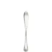 Silver fish knife with curved blade and floral handle, polished metal, classic design against a white backdrop.