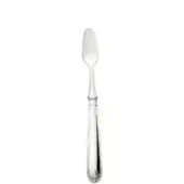 Silver shellfish knife with curved oval blade, slender handle, vertical ridges, and floral motif against a white backdrop.