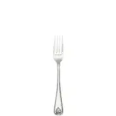 Silver fruit fork with four tines, slender handle, polished finish, leaf detail, and scroll motif against a white background.