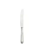 Silver fruit knife with curved stainless steel blade and floral handle detailing, studio shot on white background.