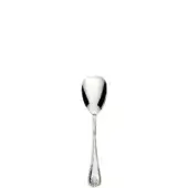 Silver ice cream spoon with rounded bowl, slender handle, and repeating floral motif, displayed on a white background.