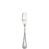 Silver dessert fork with three tines, slender handle, ridge detail, and floral motif, polished sheen, studio shot.
