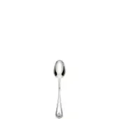 Silver coffee spoon with oval bowl, slender curved handle, and floral motif detailing on a white background.