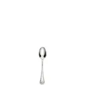 Silver coffee spoon with oval bowl, slender handle, and leaf detailing, displayed on a white background with polished metal finish.