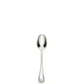 Silver teaspoon with elongated bowl, slender handle, and floral motif, displayed on a white background with polished reflective surface.