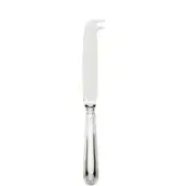 Silver cheese knife with slender blade, curved edge, and fluted handle featuring a floral motif, studio shot on white.
