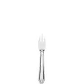 Silver parmesan fork, rounded tines, curved handle with floral motif, polished finish, classic design, rectangular indentation.