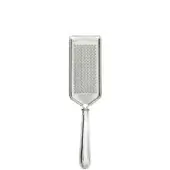 Parmesan grater, silver metal, rectangular with curved surface and circular holes, detailed handle, “MADE IN ITALY” stamped, polished finish.