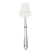 Parmesan cheese slicer, silver metal, rectangular blade with curved handle and ornate end cap, polished reflective finish.