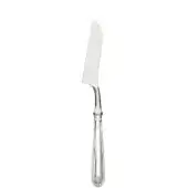 Silver cheese knife with curved blade, serrated edge, and floral handle, studio shot against white backdrop.