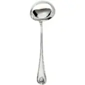 Silver ladle with oval bowl and curved handle featuring a leaf motif, studio shot on white background.