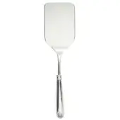 Silver lasagna server, rectangular blade, curved handle with shell motif, polished reflective surface, embossed “18-10” mark, studio shot.